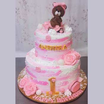 Teddy Floral First Birthday Cake